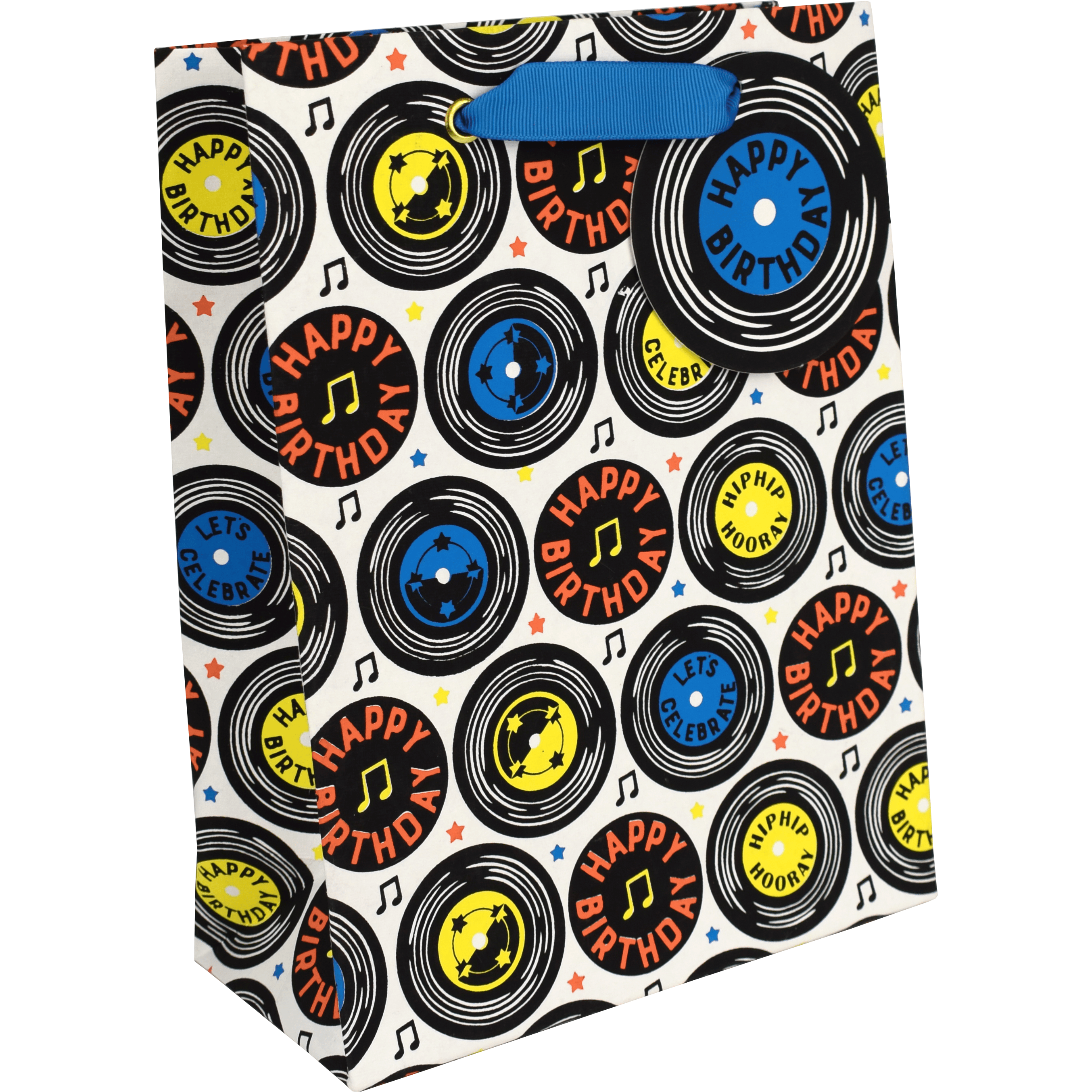 Medium birthday gift bag by Love Vivid featuring colorful vinyl birthday designs with handles for easy carrying.